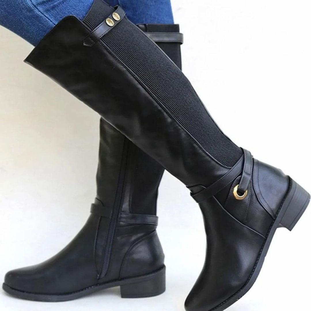 Women's Knee-High Orthopedic Elastic-Panel Leather Boots - Black