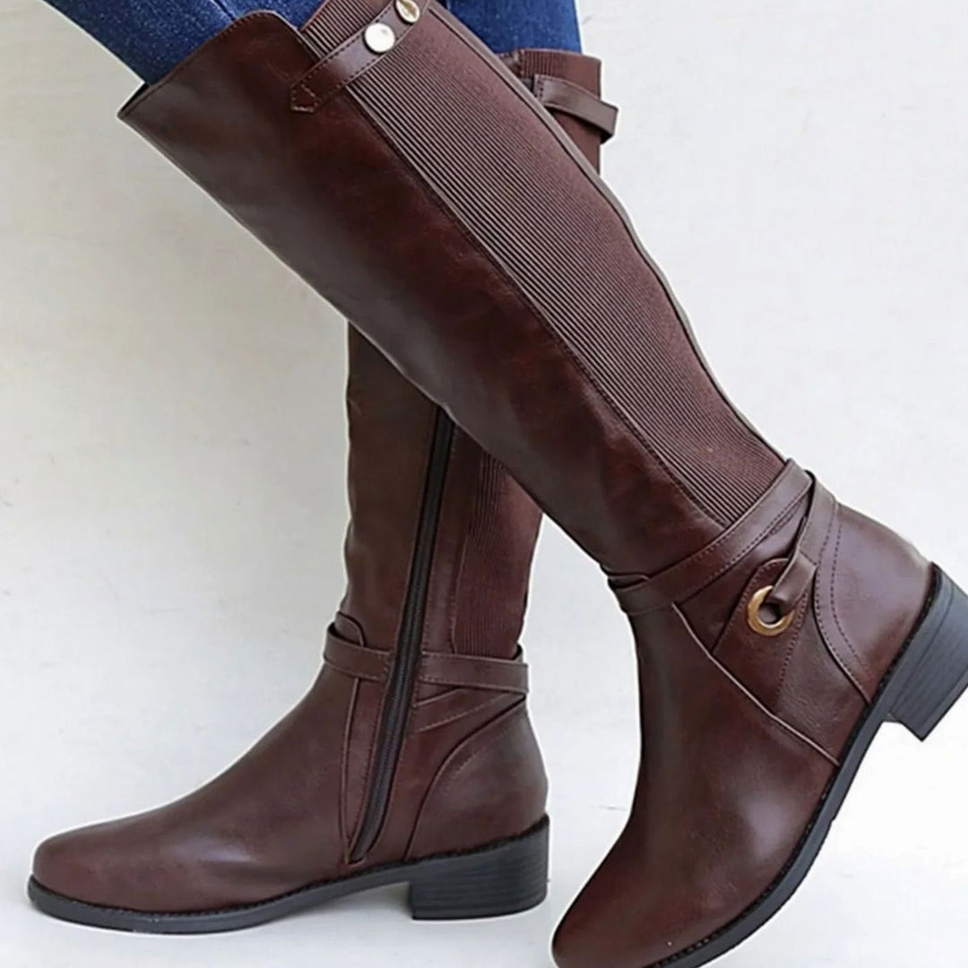 Women's Knee-High Orthopedic Elastic-Panel Leather Boots - Brown