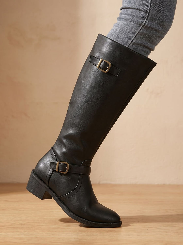Women's Knee-High Riding Boots Low Block Heel Buckle Zip - Black