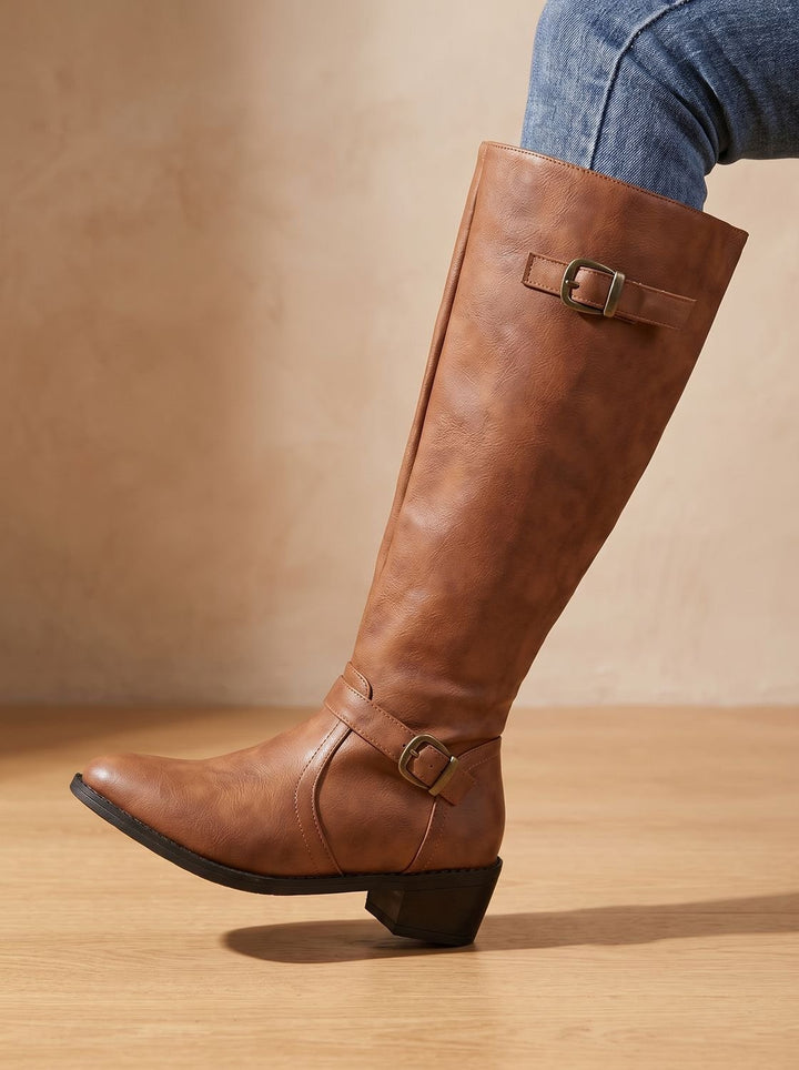 Women's Knee-High Riding Boots Low Block Heel Buckle Zip - Light Brown