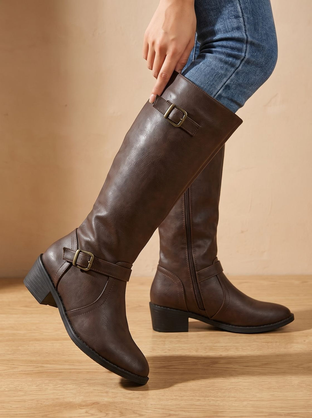 Women's Knee-High Riding Boots Low Block Heel Buckle Zip - Dark Brown