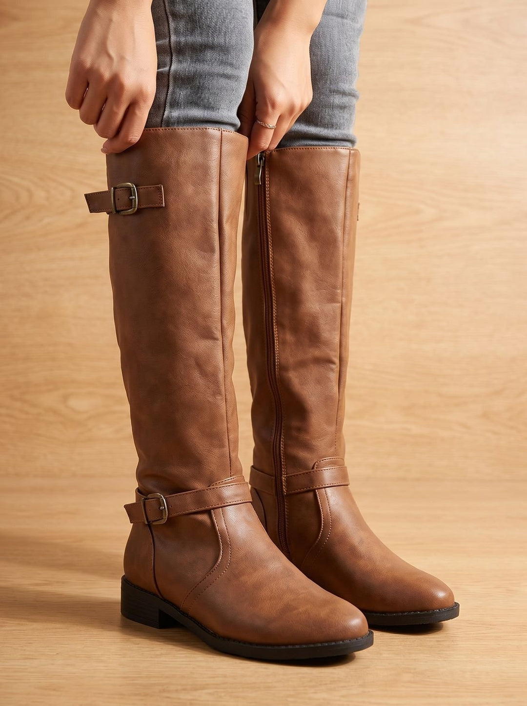 Women's Knee-High Riding Boots Low Block Heel Buckle Zip