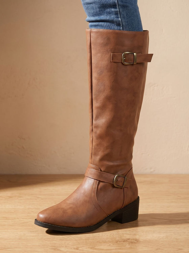 Women's Knee-High Riding Boots Low Block Heel Buckle Zip
