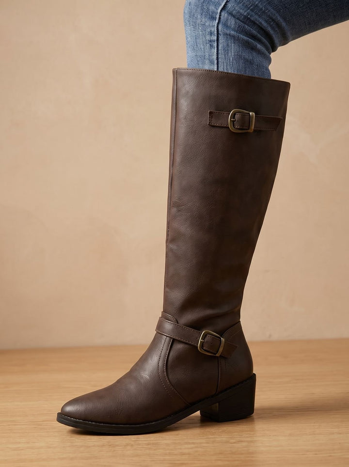 Women's Knee-High Riding Boots Low Block Heel Buckle Zip