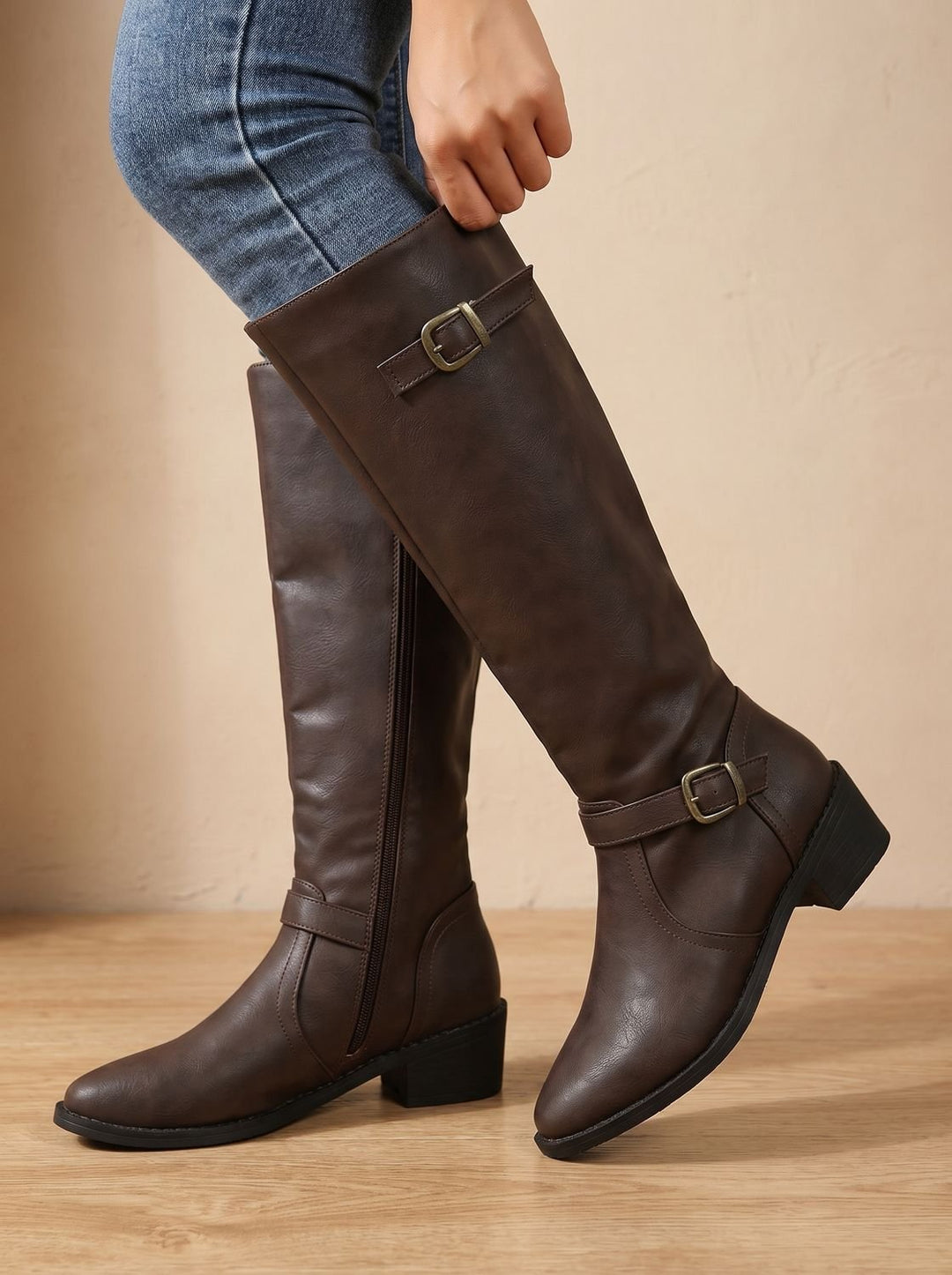 Women's Knee-High Riding Boots Low Block Heel Buckle Zip