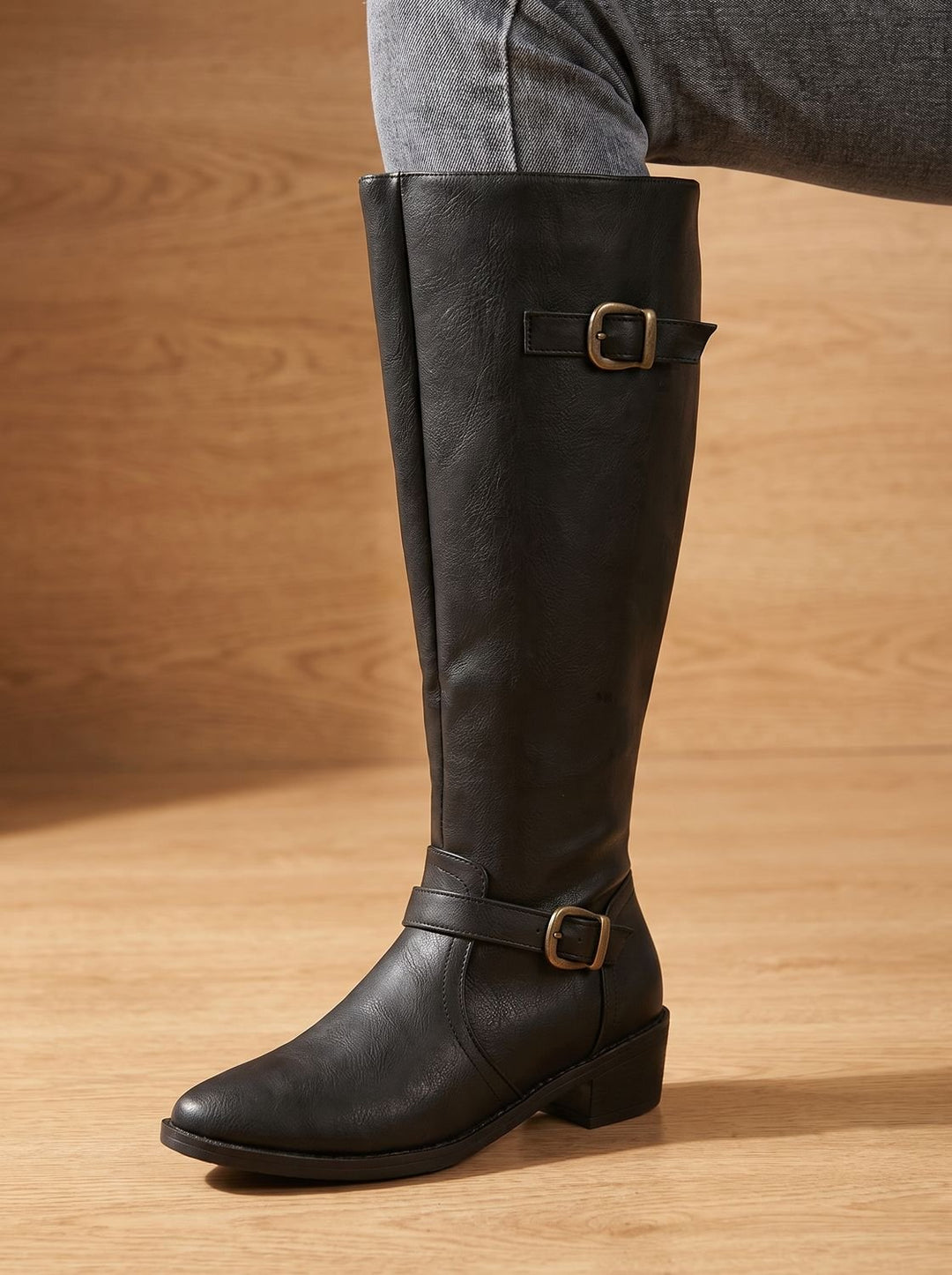 Women's Knee-High Riding Boots Low Block Heel Buckle Zip