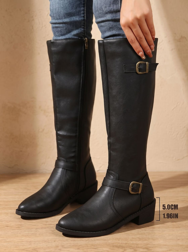 Women's Knee-High Riding Boots Low Block Heel Buckle Zip