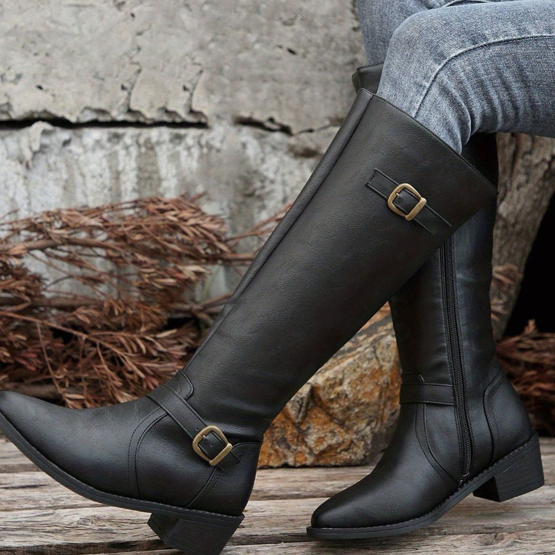 Women's Knee-High Riding Boots Low-Heel Buckle Side-Zip - Black