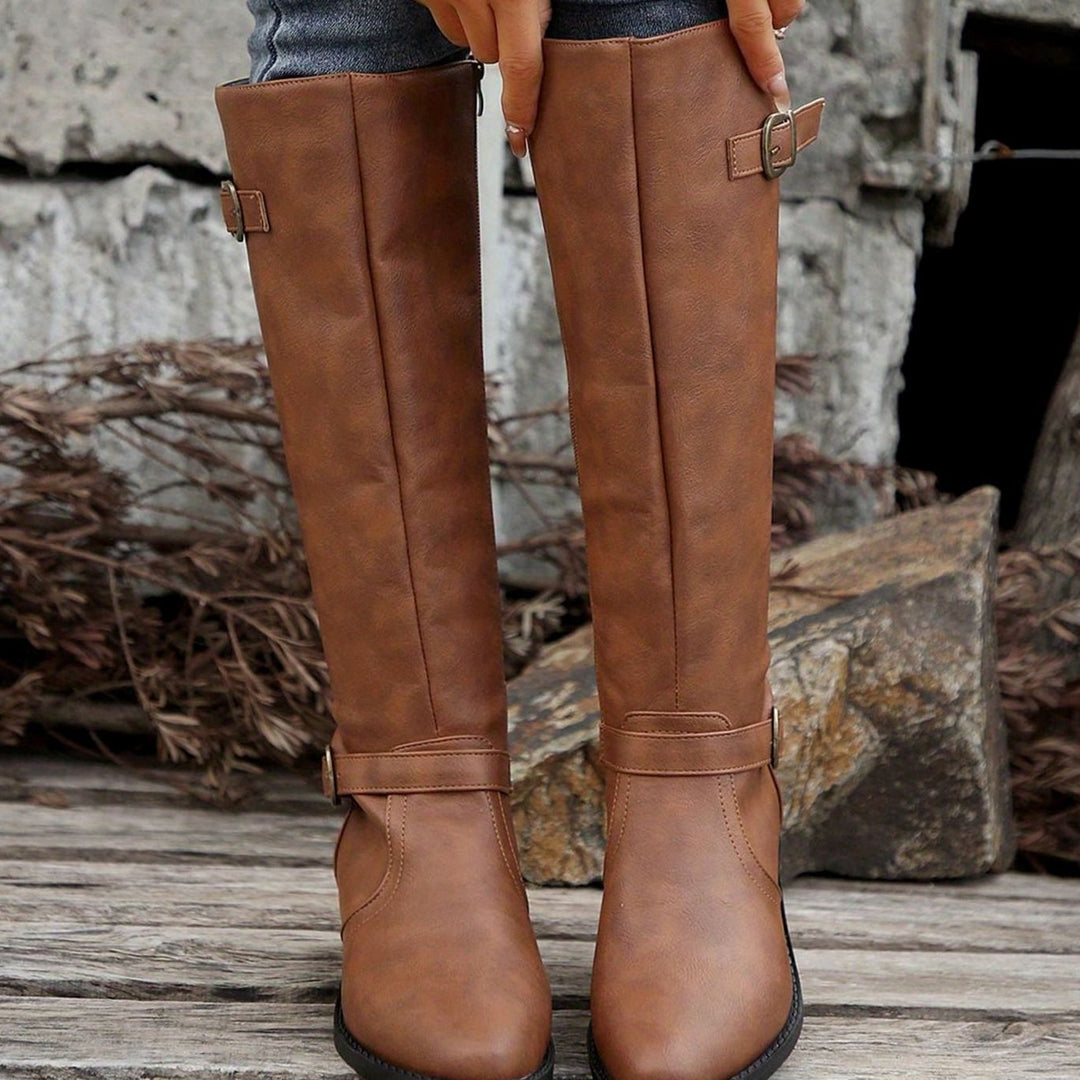 Women's Knee-High Riding Boots Low-Heel Buckle Side-Zip
