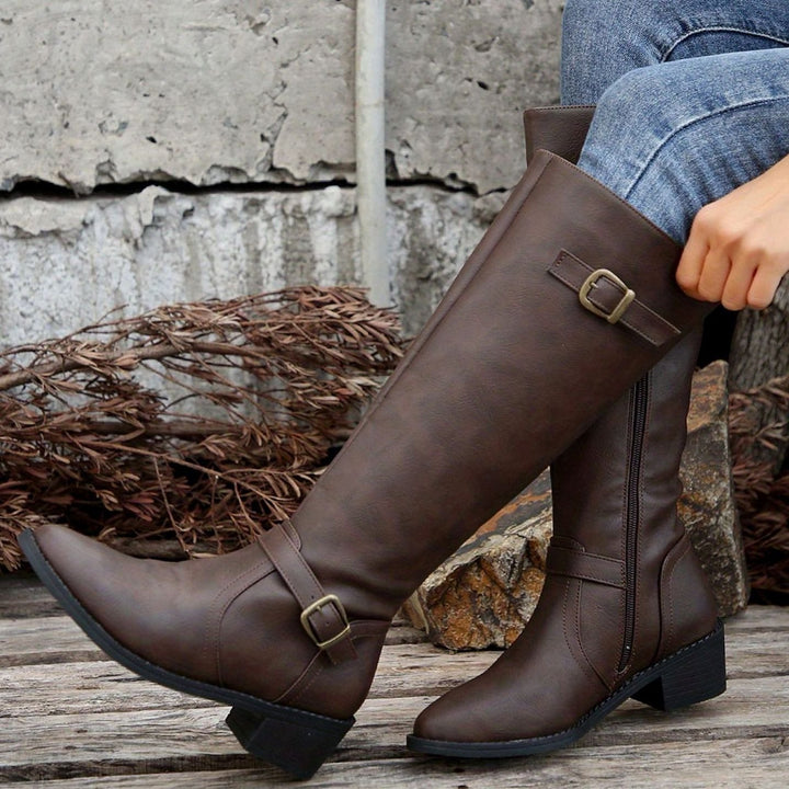 Women's Knee-High Riding Boots Low-Heel Buckle Side-Zip - Dark Brown
