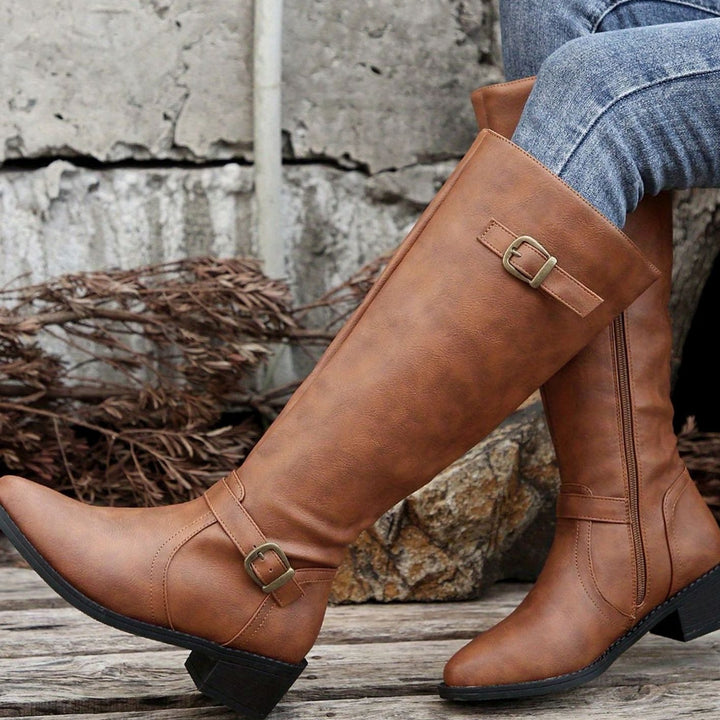 Women's Knee-High Riding Boots Low-Heel Buckle Side-Zip - Light Brown