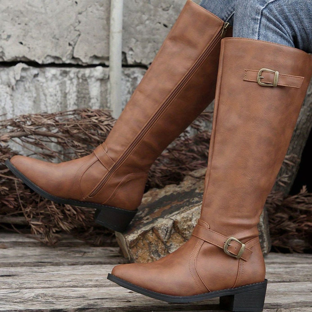 Women's Knee-High Riding Boots Low-Heel Buckle Side-Zip