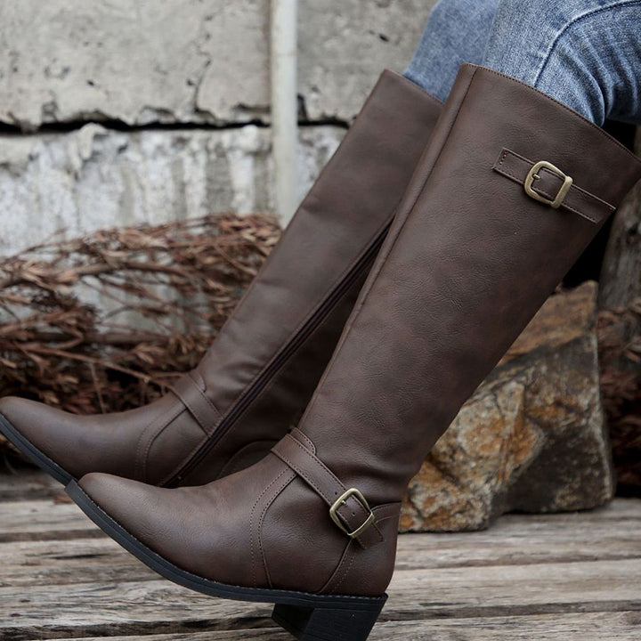 Women's Knee-High Riding Boots Low-Heel Buckle Side-Zip