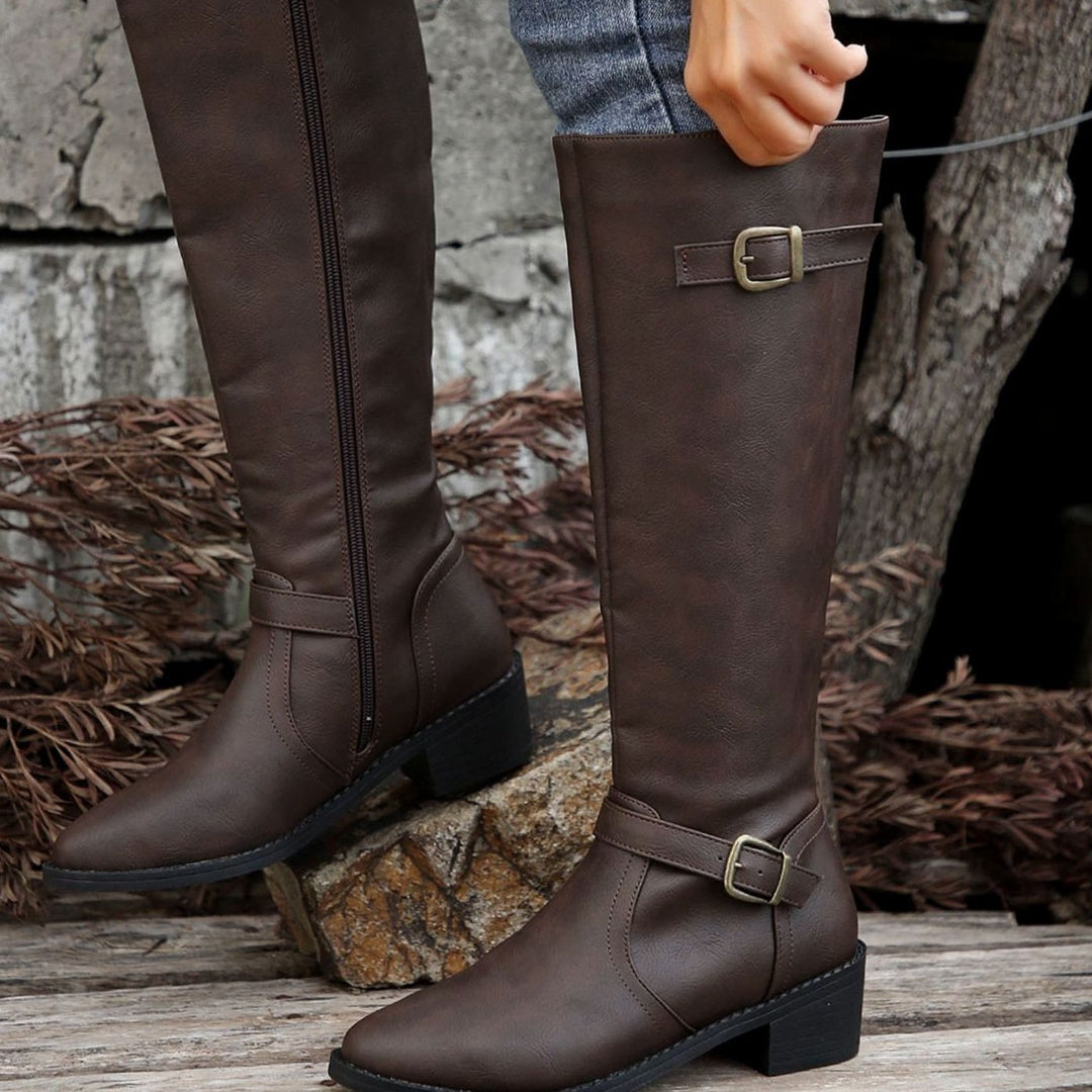 Women's Knee-High Riding Boots Low-Heel Buckle Side-Zip