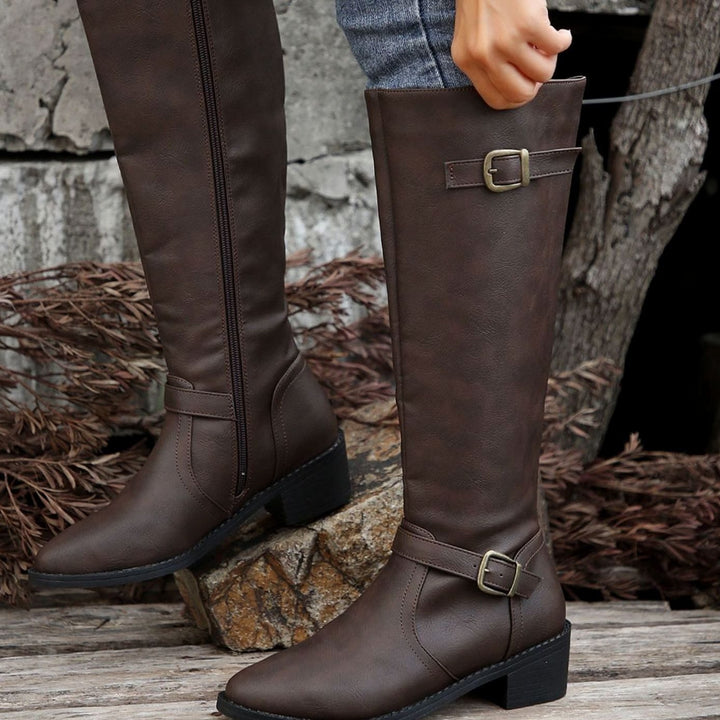 Women's Knee-High Riding Boots Low-Heel Buckle Side-Zip