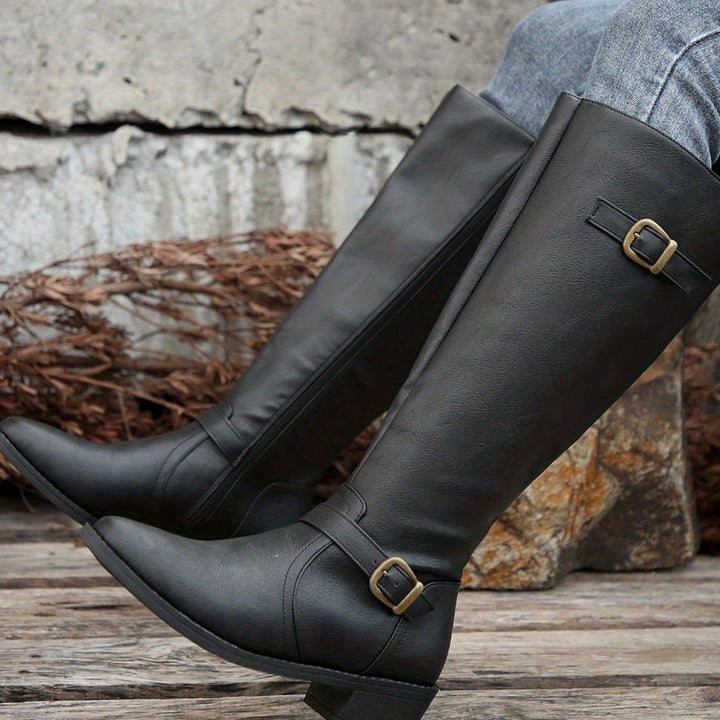 Women's Knee-High Riding Boots Low-Heel Buckle Side-Zip