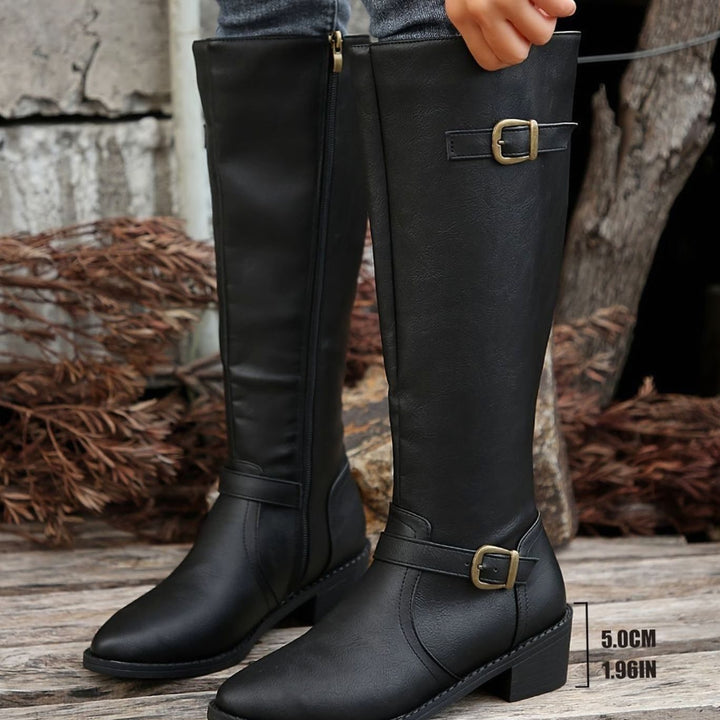 Women's Knee-High Riding Boots Low-Heel Buckle Side-Zip