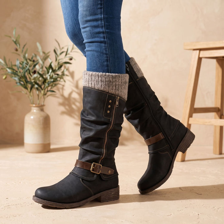 Women's Knee High Slouch Boots Knit Cuff Buckle Zipper - Navy Blue
