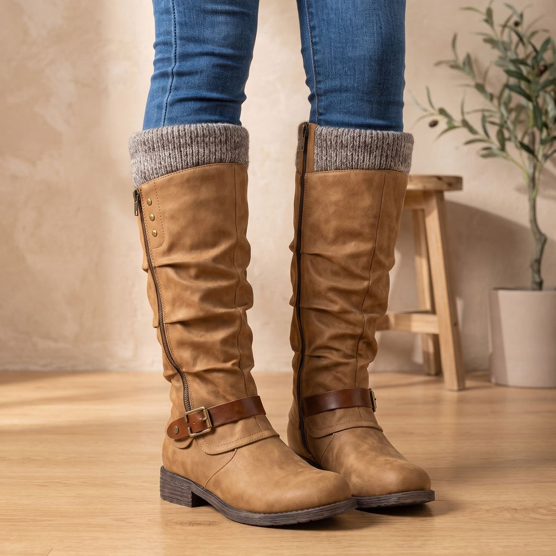 Women's Knee High Slouch Boots Knit Cuff Buckle Zipper - Brown