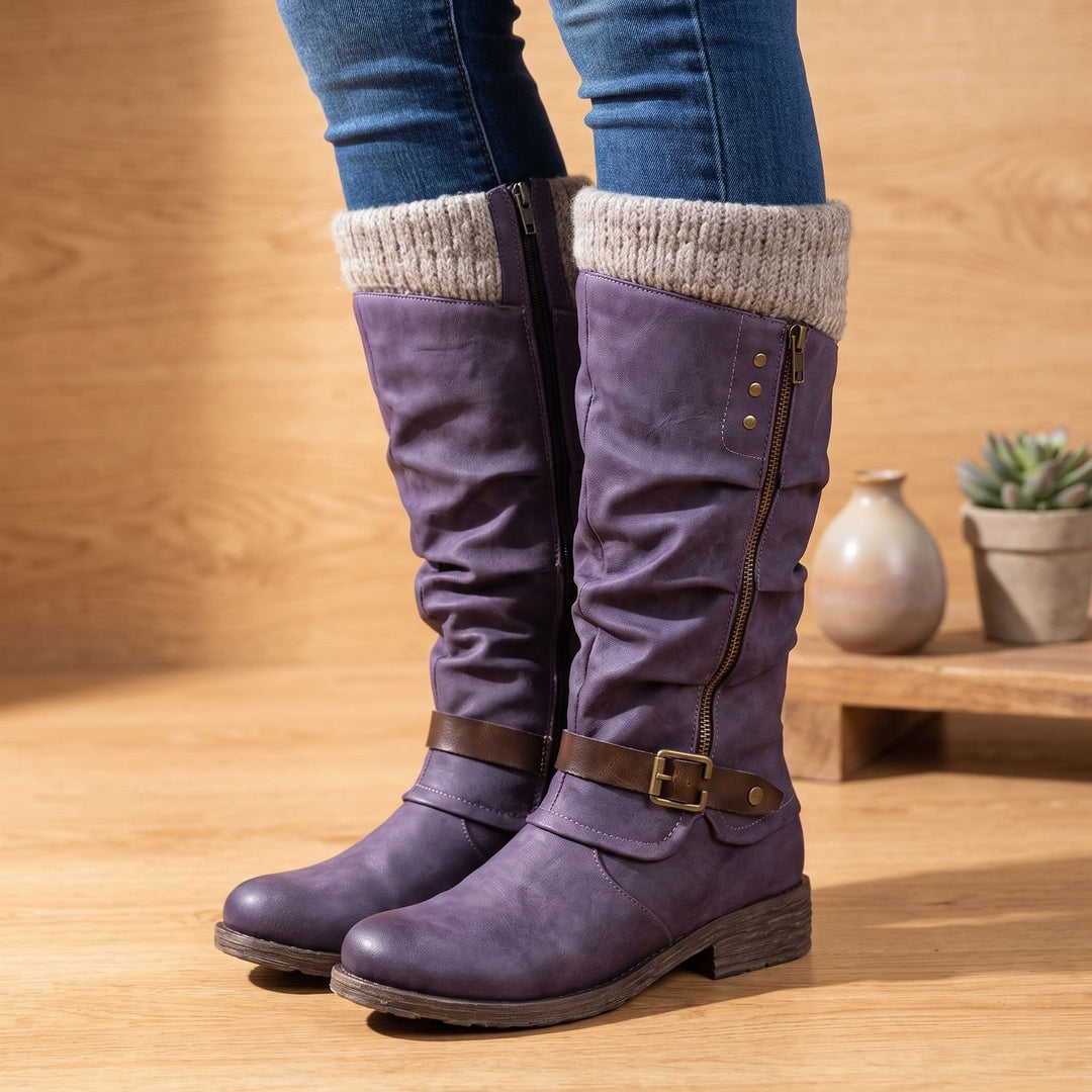 Women's Knee High Slouch Boots Knit Cuff Buckle Zipper - Purple