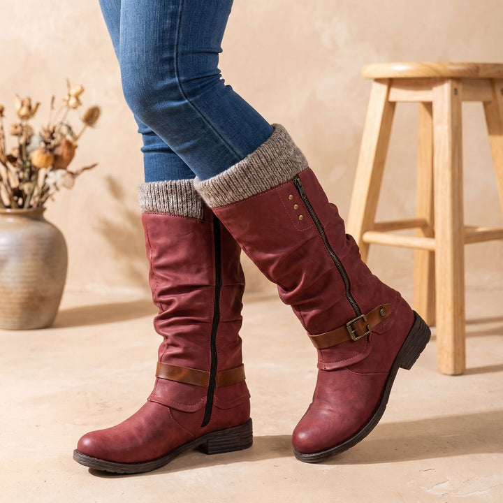 Women's Knee High Slouch Boots Knit Cuff Buckle Zipper - Red