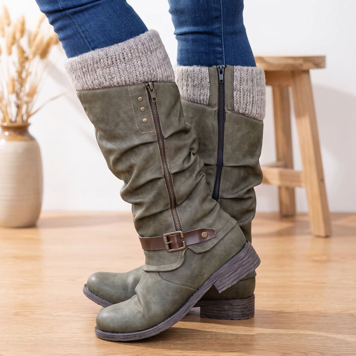 Women's Knee High Slouch Boots Knit Cuff Buckle Zipper - Gray