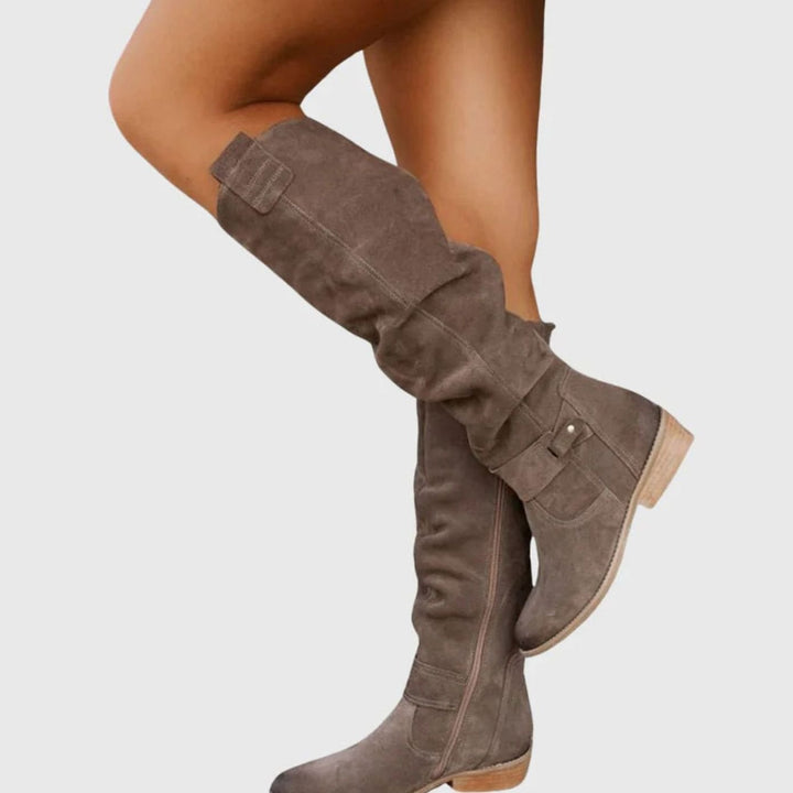 Women's Knee-High Slouch Suede Low-Heel Winter Boots - Gray