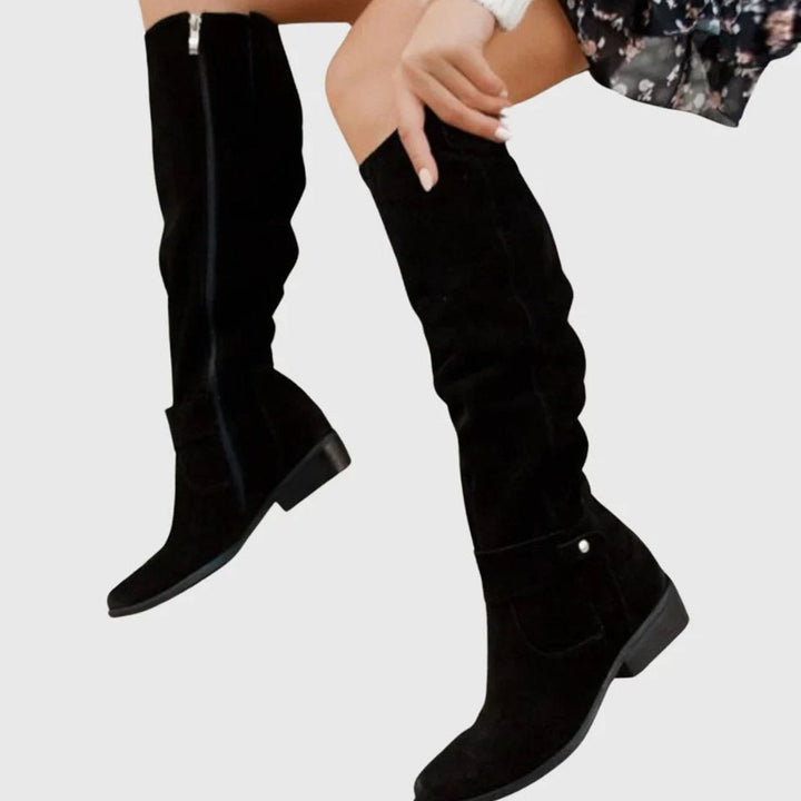 Women's Knee-High Slouch Suede Low-Heel Winter Boots - Black