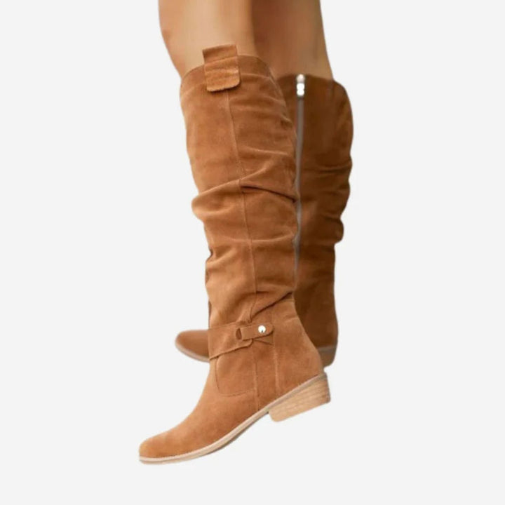Women's Knee-High Slouch Suede Low-Heel Winter Boots - Brown