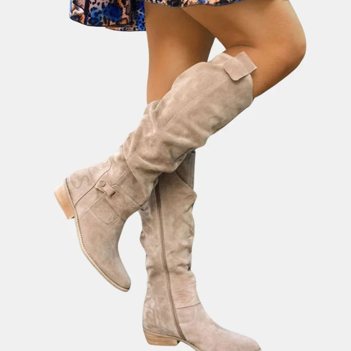 Women's Knee-High Slouch Suede Low-Heel Winter Boots - Beige
