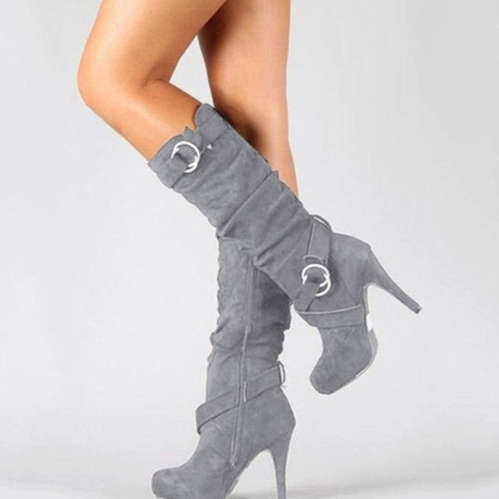 Women's Knee-High Stiletto Heel Boots Buckle Detail Suede - Gray