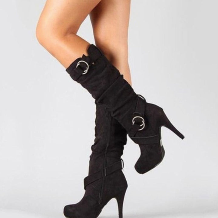 Women's Knee-High Stiletto Heel Boots Buckle Detail Suede - Black