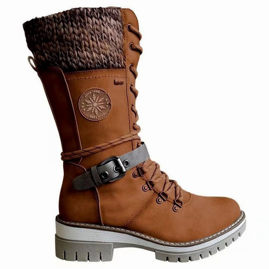 Women's Knit Cuff Lace-Up Side-Zip Mid-Calf Winter Boots - Brown