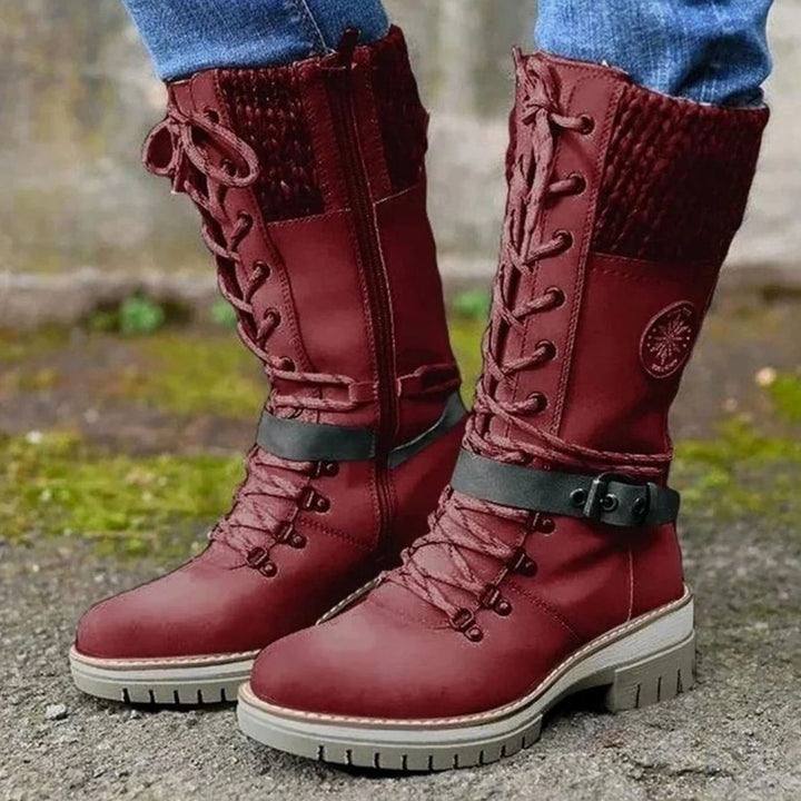 Women's Knit Cuff Lace-Up Side-Zip Mid-Calf Winter Boots