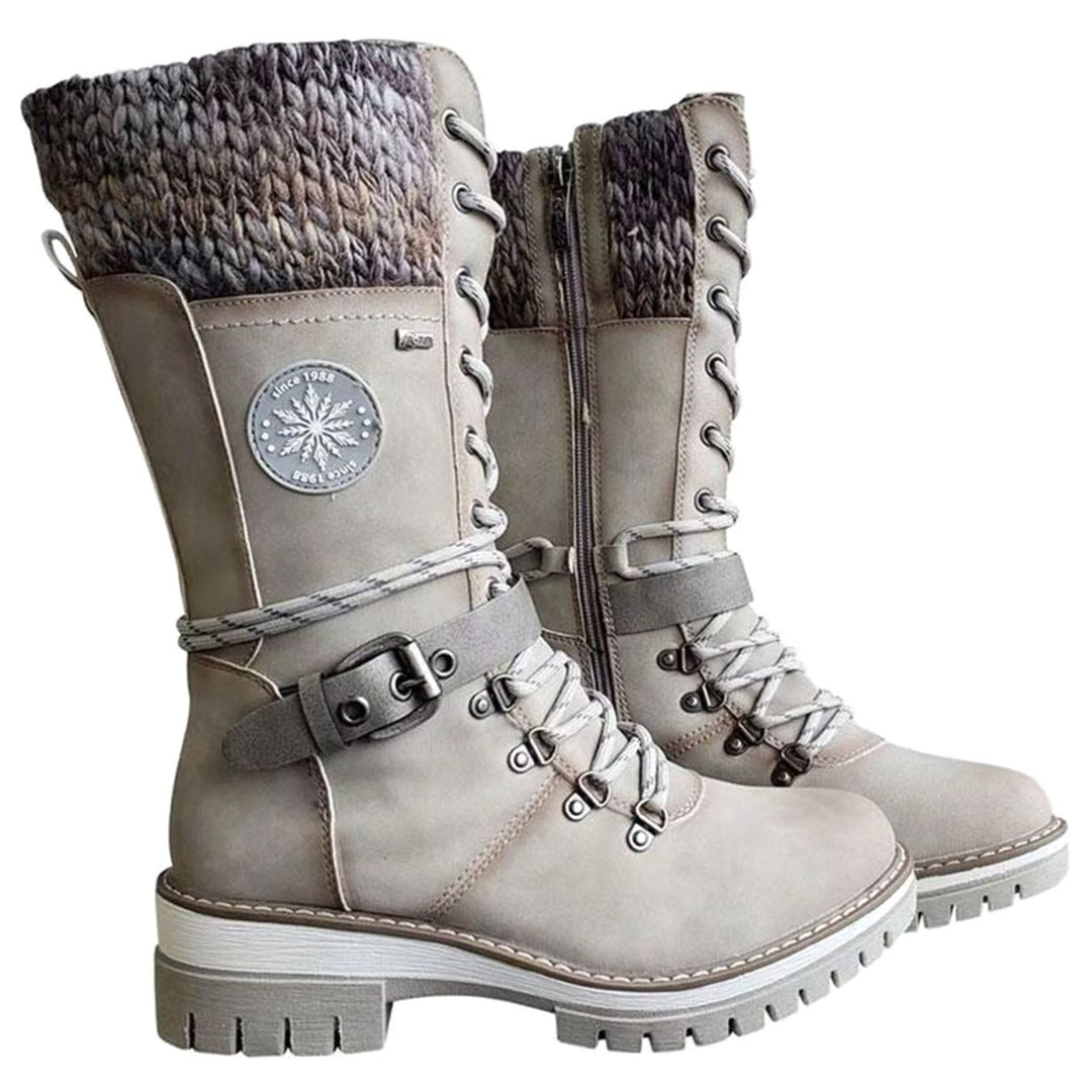 Women's Knit Cuff Lace-Up Side-Zip Mid-Calf Winter Boots - White