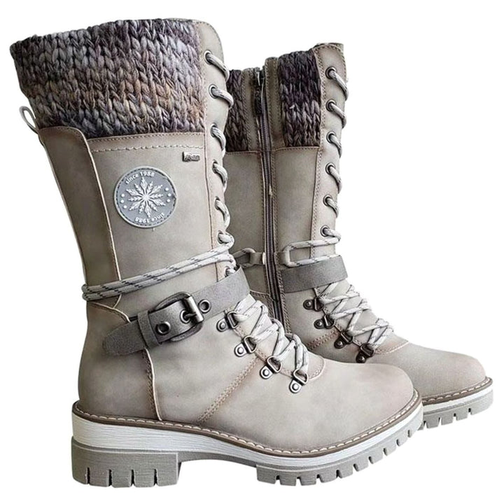 Women's Knit Cuff Lace-Up Side-Zip Mid-Calf Winter Boots - White