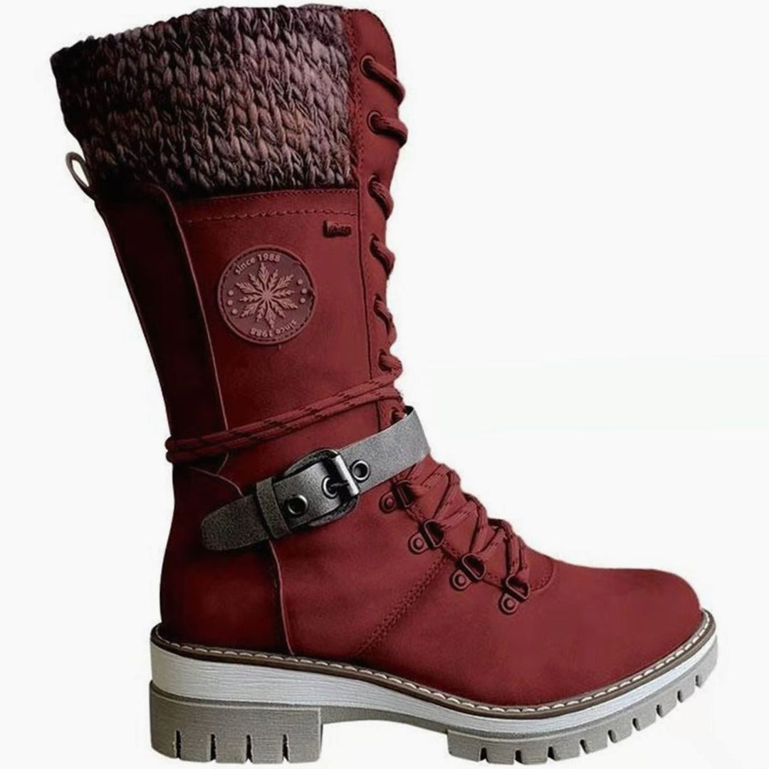 Women's Knit Cuff Lace-Up Side-Zip Mid-Calf Winter Boots - Red