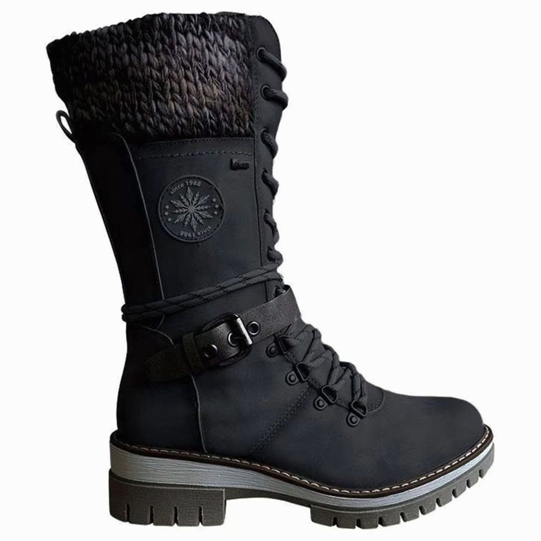 Women's Knit Cuff Lace-Up Side-Zip Mid-Calf Winter Boots - Black