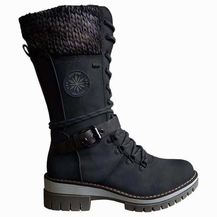 Women's Knit Cuff Lace-Up Side-Zip Mid-Calf Winter Boots - Black