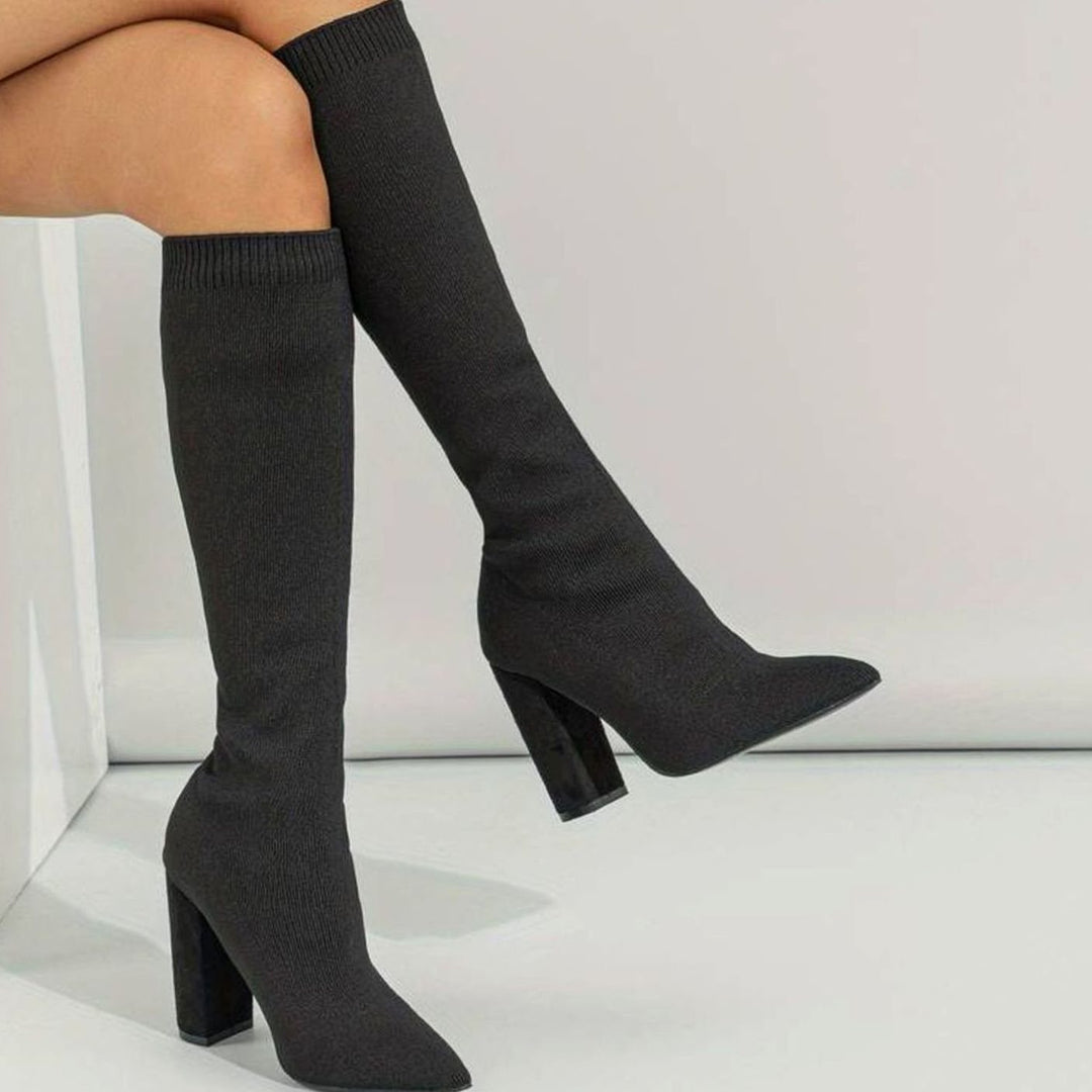 Women's Knit Knee-High Block Heel Sock Boots - Black