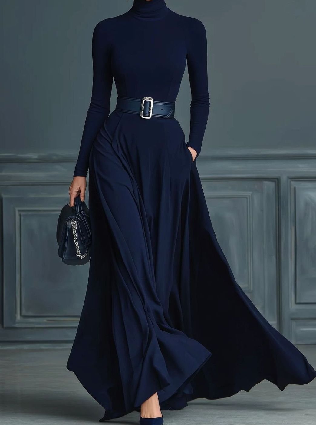Women's Knit Turtleneck Sweater Dress Long Sleeve A-Line Maxi