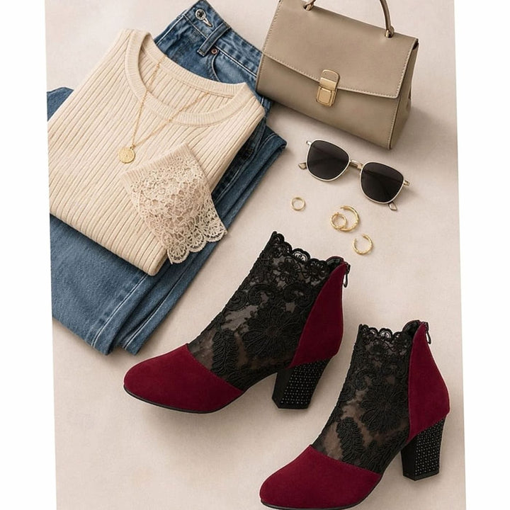 Women's Lace-Accent Block Heel Ankle Booties