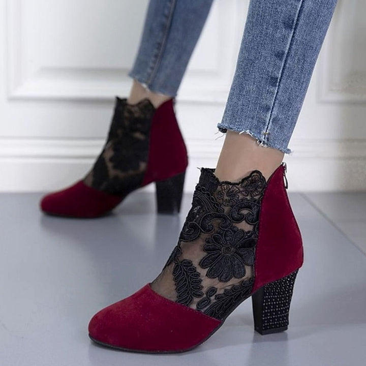 Women's Lace-Accent Block Heel Ankle Booties - Wine
