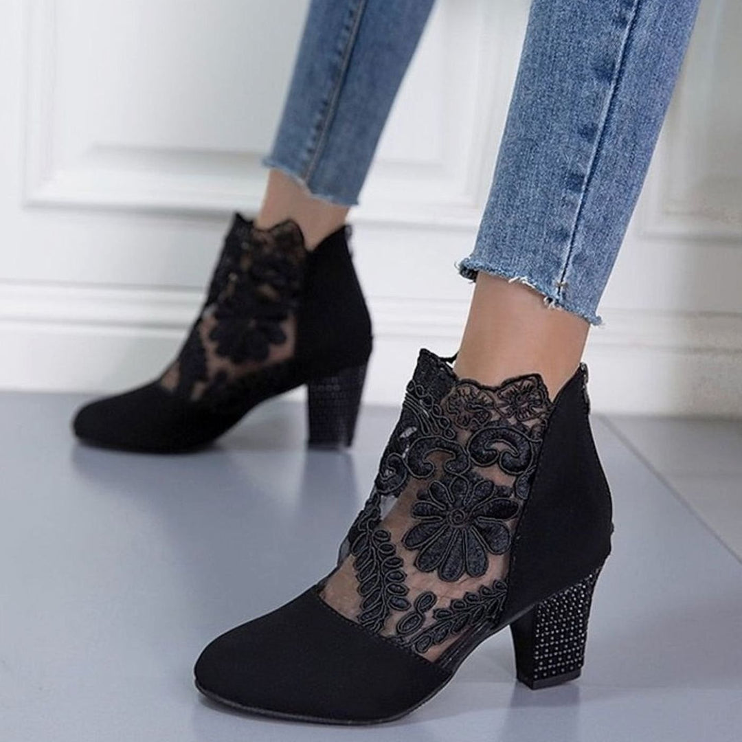 Women's Lace-Accent Block Heel Ankle Booties - Black
