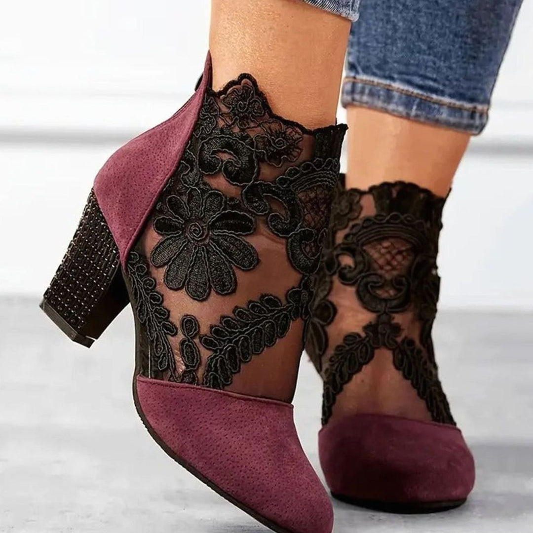 Women's Lace Block-Heel Pointed-Toe Ankle Boots Heels - Red