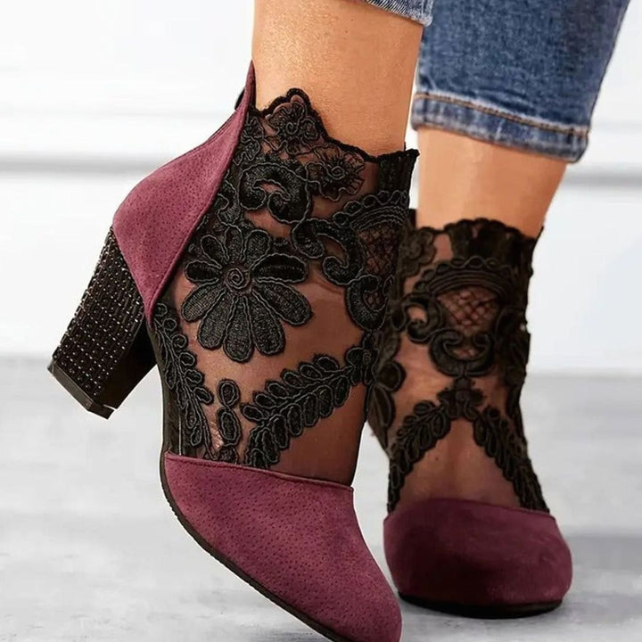 Women's Lace Block-Heel Pointed-Toe Ankle Boots Heels - Red