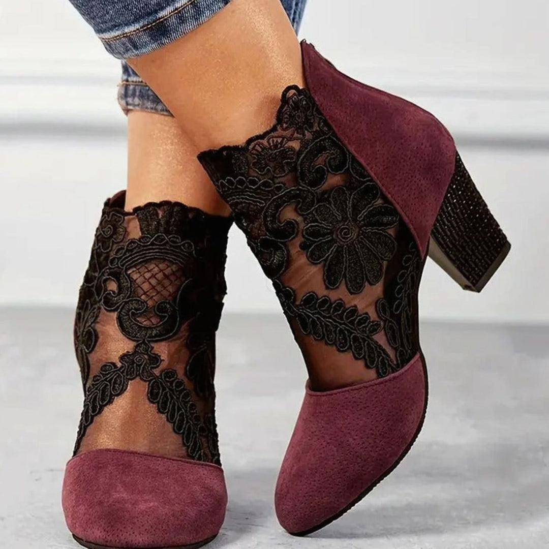 Women's Lace Block-Heel Pointed-Toe Ankle Boots Heels