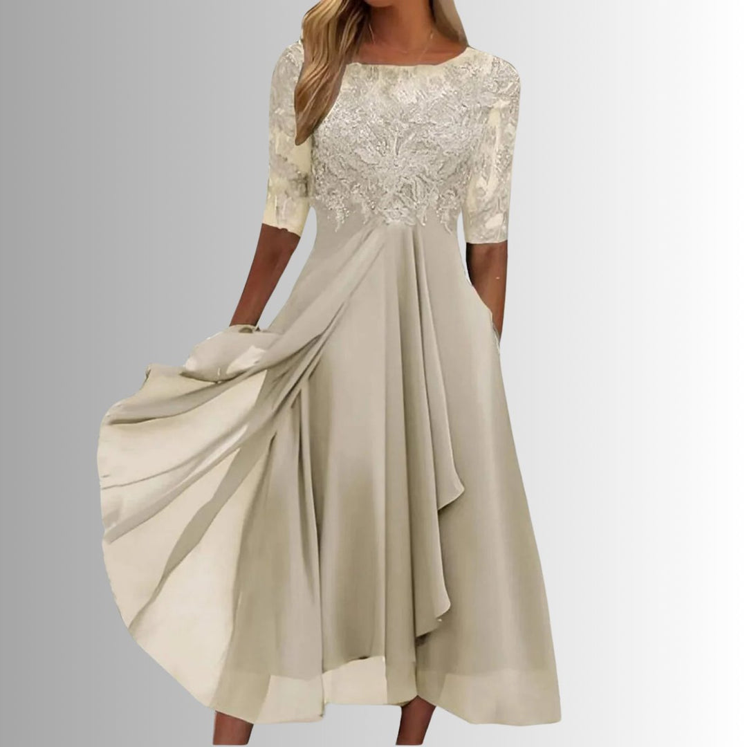 Women's Lace Bodice Chiffon Midi Formal Dresses Half Sleeve - Cream
