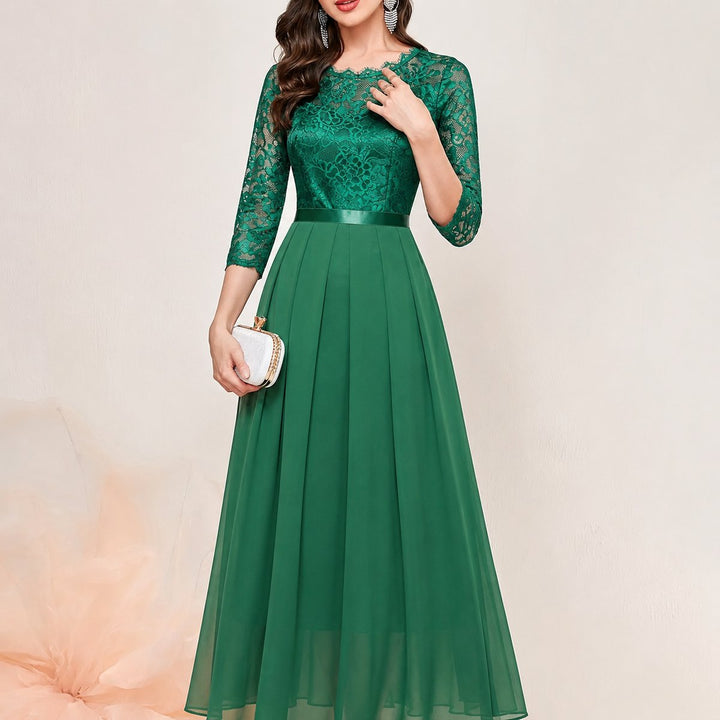 Women's Lace Bodice Quarter-Sleeve Maxi Formal Dresses Pleated Chiffon Gown - Green