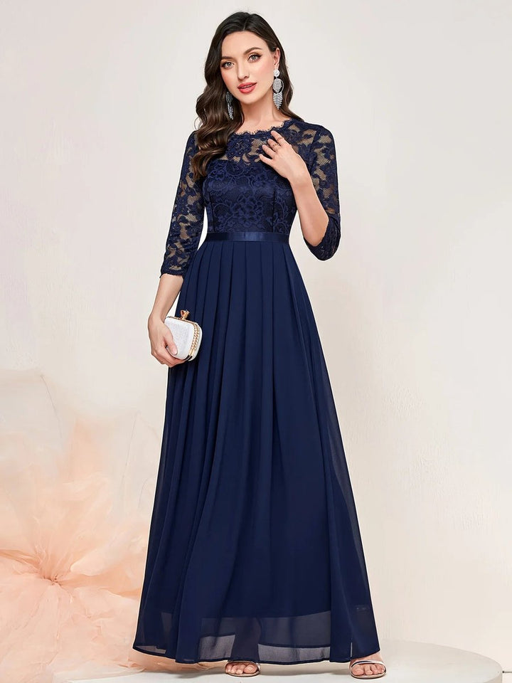 Women's Lace Bodice Quarter-Sleeve Maxi Formal Dresses Pleated Chiffon Gown